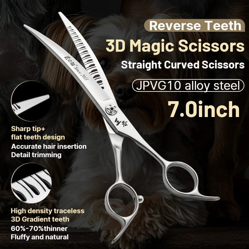 Fenice High-grade JP VG10 Steel Straight&25° Curved Reverse blade Natural Chunker Pet Trimming Scissors Shear Anti-loosing Screw