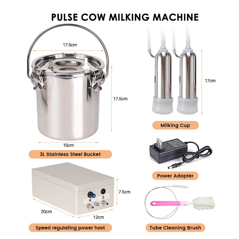 3L Electric Cow Goat Milking Machine Automatic Stop Cattle Pulsating Milking Machine Stainless Steel Milker Bucket Vacuum Pump