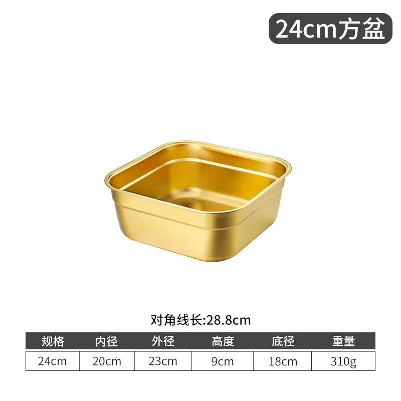 Golden Square Stainless Steel Strainer Draining Basket Egg Flour Mixing Bowl Soup Basin Filter Colander Vegetable Washing Basin