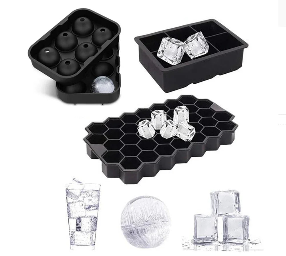 3PCS/Lot Silicone Whiskey Ice Ball Mold Large Ball Maker Mold, Round Sphere, Square Ice Cube Tray,Hole+Grid Square+37 Honeycomb