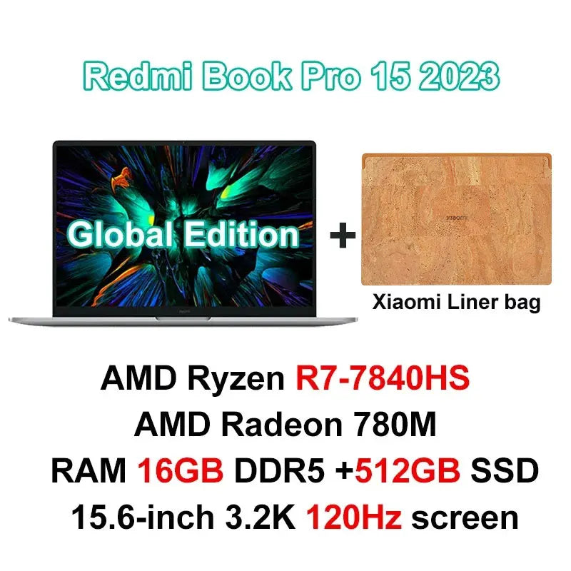 2023 Xiaomi Laptop Redmi Book Pro 15 Ryzen R5-7640HS/R7-7840HS AMD 780M/760M 16G RAM 512G/1T 15.6Inch 3.2K 120Hz Mi Notebook
