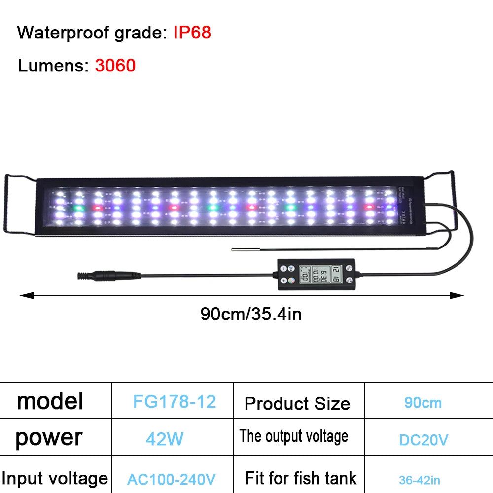 75-90CM Aquarium 24/7 Full Spectrum Lighting LED Light With Thermometer And Memory Function IP68 Fish Tank Plant Growth Lamp