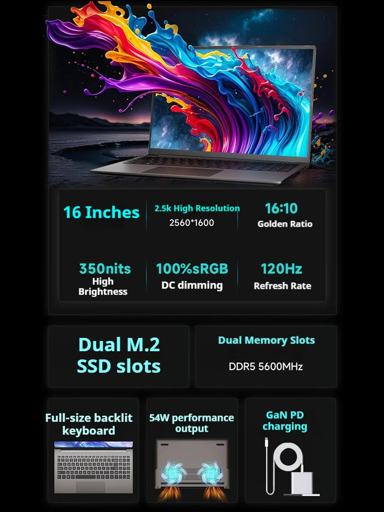 FIREBAT U6B 16 Inch AMD Radeon 780M Ryzen7 8745HS DDR5 120Hz 2.5K Wifi6 BT5.1 16GB 512GB Gaming Gamer Bussiness Notebook Laptop