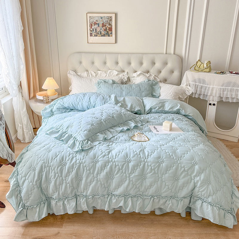 Pattern: Sky Blue, Dimensions: Bed Sheet 150cm - Washed Cotton Four-piece Set Girlish Heart Duvet Cover