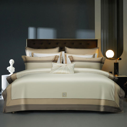 Color: Angel Khaki Champagne, Specifications: Fitted Sheet Enlarge 7pcs - 160 Double-strand Long-staple Cotton Color Block Embroidery Bedding