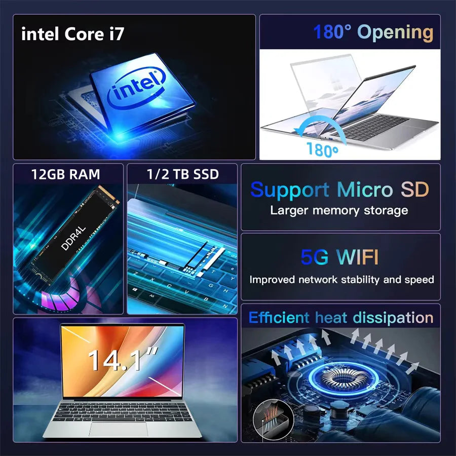 2025 New Laptop Computer Windows 11 12GB RAM 1TB SSD Intel Core i7 7500U 1920*1080 Resolution Laptop 14.1" Office Study Computer