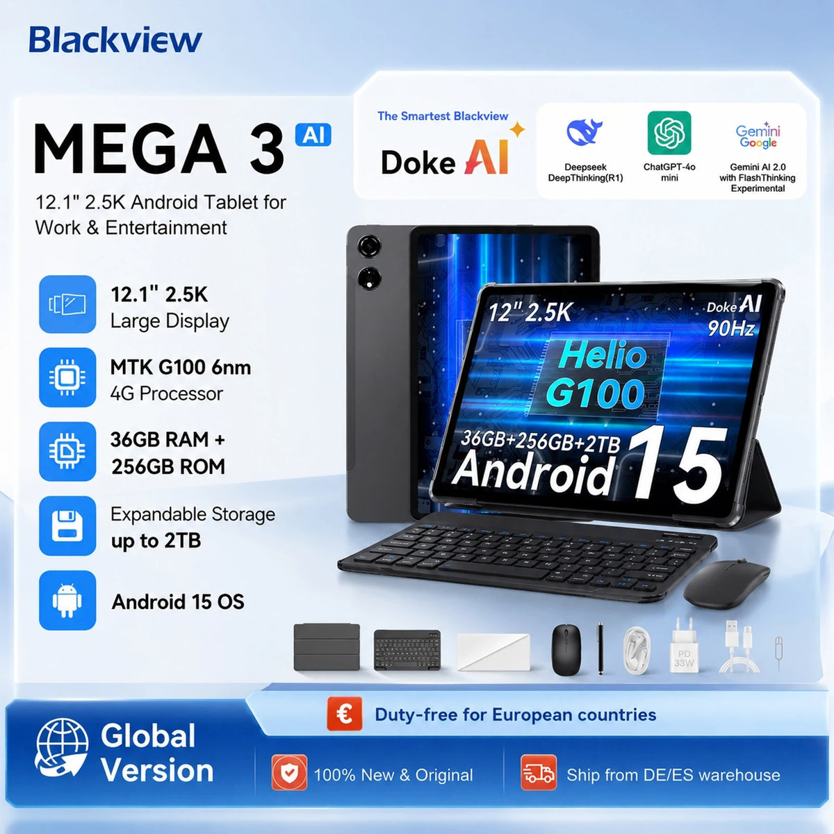 Blackview MEGA 3 Tablet PC With Wireless Keyboard/Mouse，12.1 inch 2.5K FHD+ Display, Android 15 Pad， MTK G100 Octa Core, 36GB 256GB ROM, 8800mAh