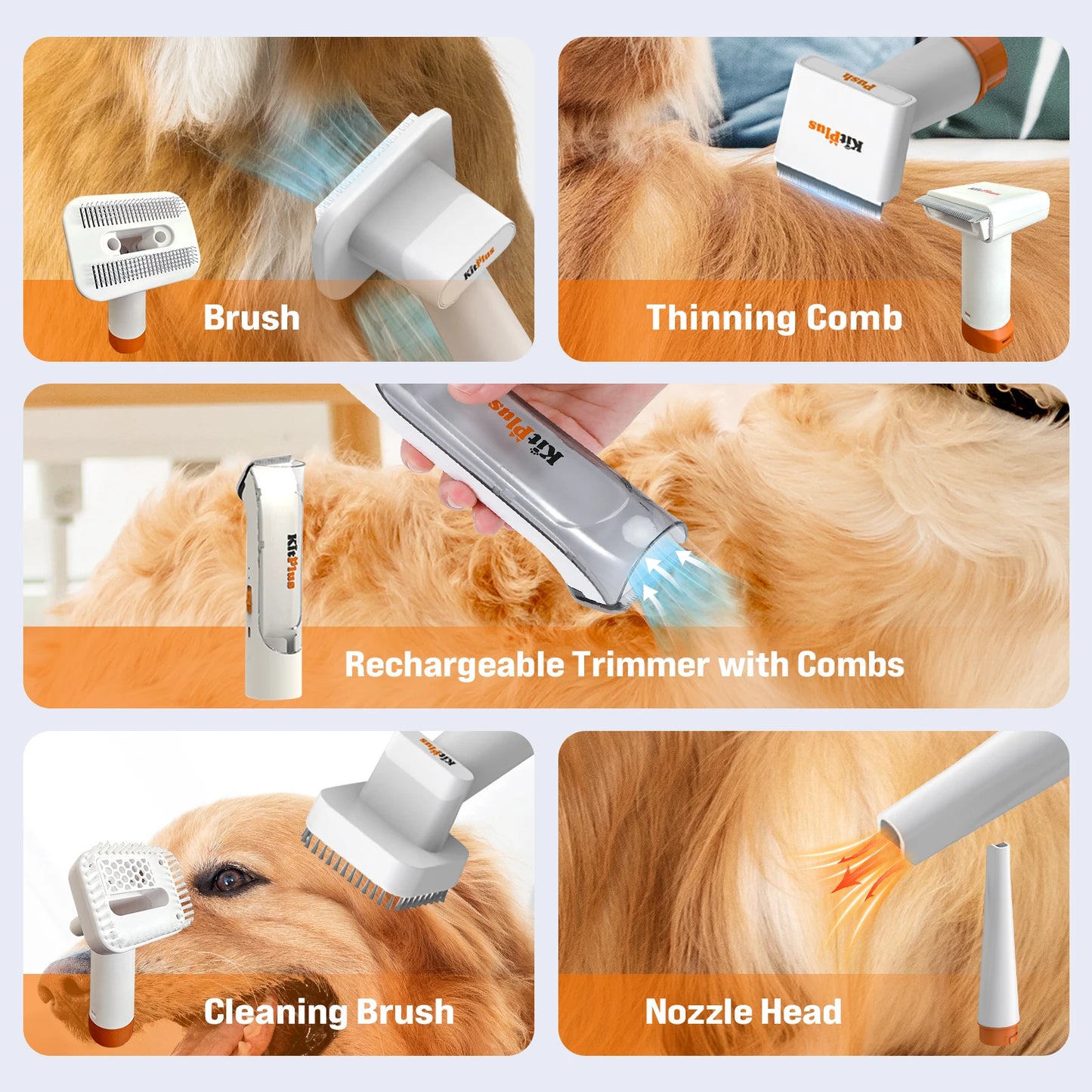 KITPLUS 3-in-1 Drying & Vacuum & Dog Grooming, Rechargeable Hair Trimmer, Hot Wind, Suction 99.9% Pet Hair, 2L Large Capacity