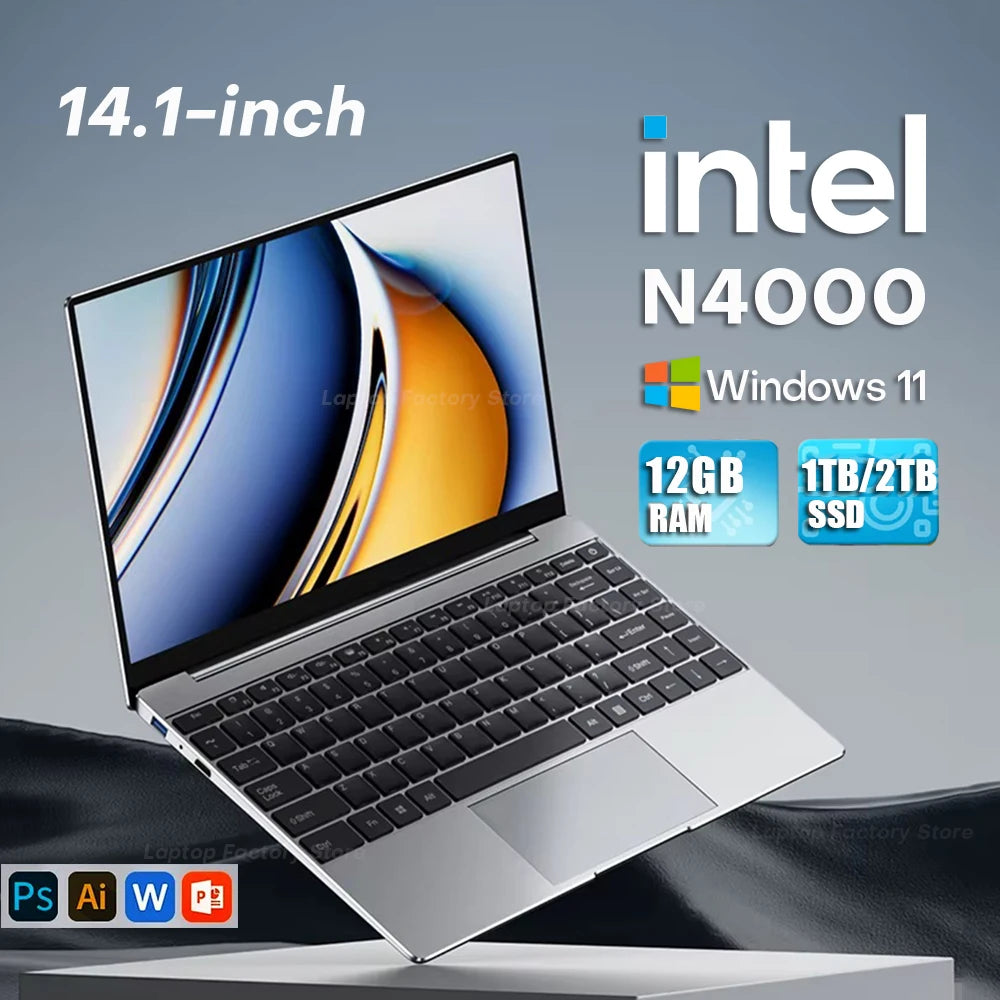 2025 Laptop Computer Windows 11 Notebook 14.1 Inch Intel Celeron N4000 12GB 512GB 1920*1080 Resolution Office Study PC computer