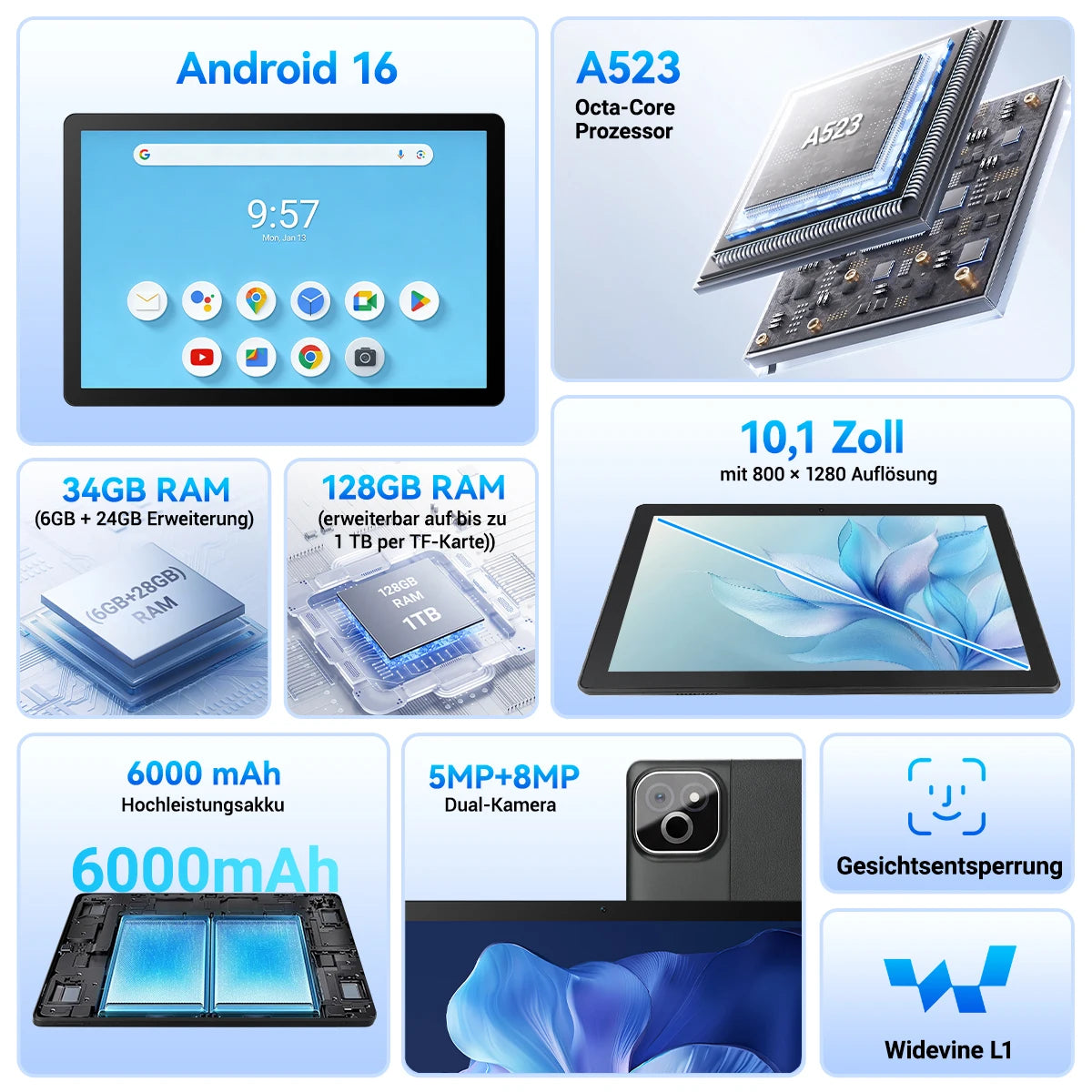X6L 10.1 Inch Android 16 Tablet Octa‑Core 34GB(6GB Physical+28GB Virtual RAM) 128GB Storage 6000mAh Widevine L1 With Keyboard Case Stylus Mouse Earphone Full Bundle Learning Tablet