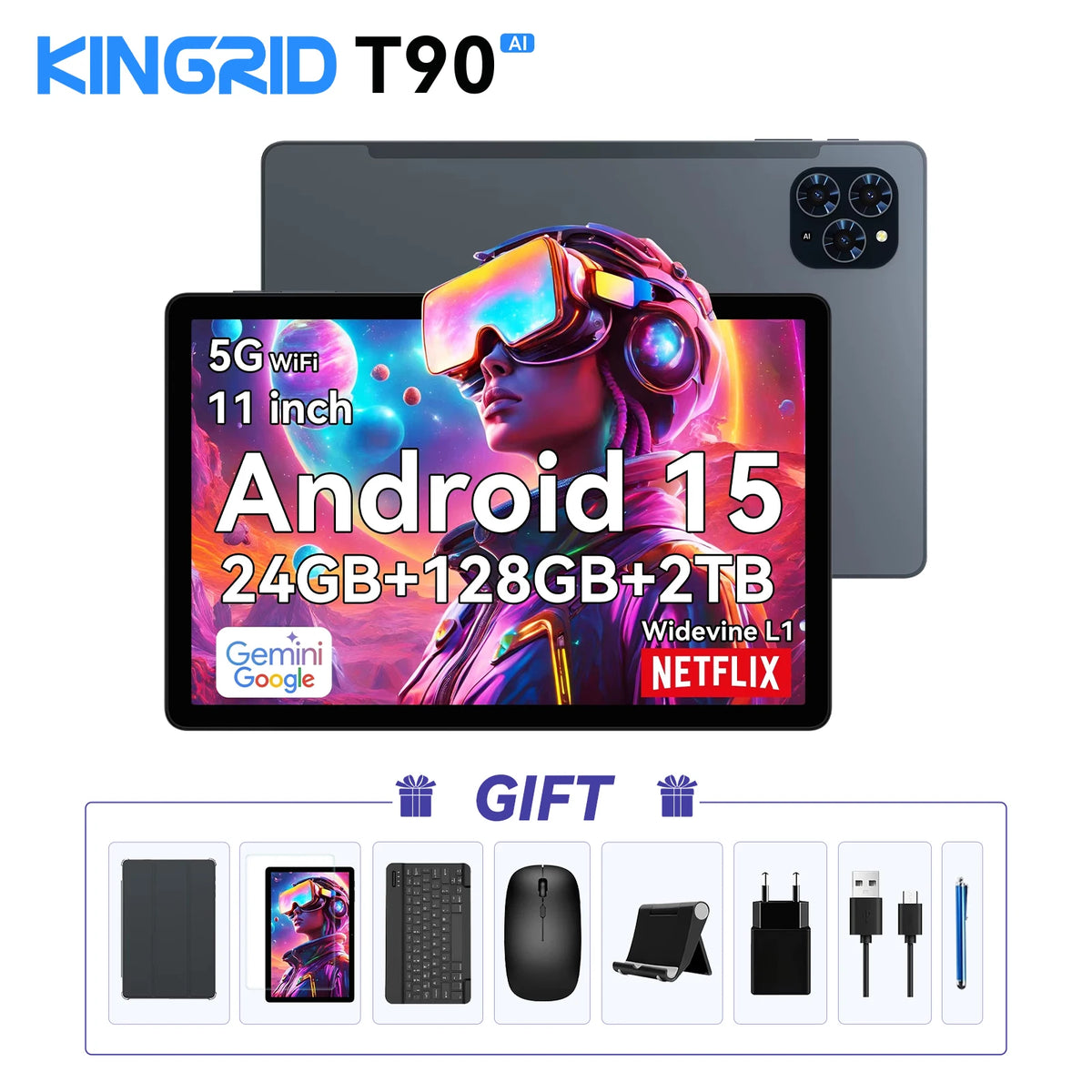 KINGRID T90 Wifi 11" 1080P Tablet PC 24GB (8+16) RAM 128GB ROM  5G WiFi 8000mAh Android 15 Gaming Tablet