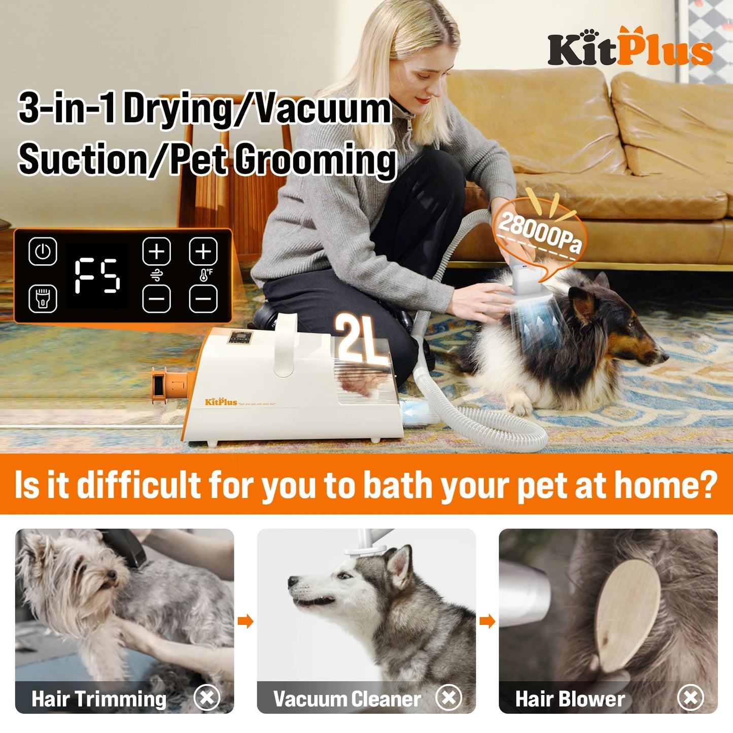 KITPLUS 3-in-1 Drying & Vacuum & Dog Grooming, Rechargeable Hair Trimmer, Hot Wind, Suction 99.9% Pet Hair, 2L Large Capacity