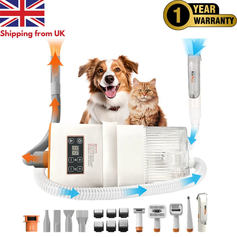 KITPLUS 3-in-1 Drying & Vacuum & Dog Grooming, Rechargeable Hair Trimmer, Hot Wind, Suction 99.9% Pet Hair, 2L Large Capacity