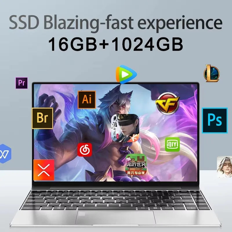 14" Business Laptop Intel N3700 16GB RAM384GB Storage Ultra thin body Gaming laptops Windows 11 pc gaming  256GB/512GB/1TBsilver