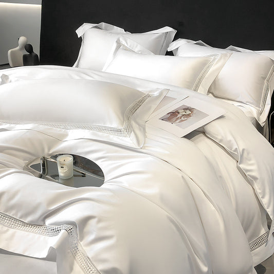 Color: White, Size: 1.8m - Long-staple Cotton Fitted Sheet Duvet Cover Four-piece Set