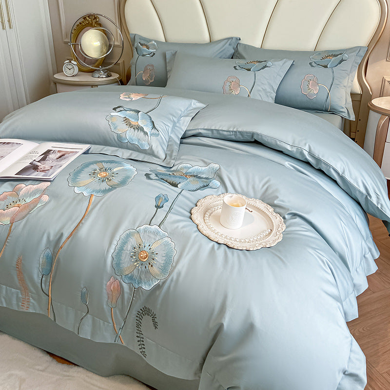 Pattern: Stars Blue, Size Specification: 180cm Fitted Sheet 220X240 - Pure Cotton Bed Sheet Duvet Cover Embroidered Long-staple Cotton Four-piece Set