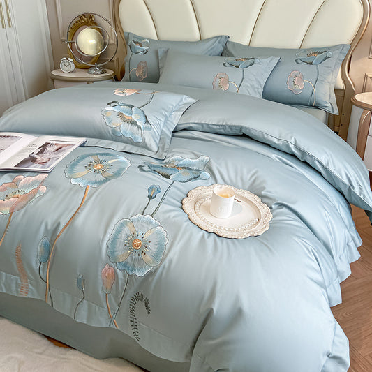Pattern: Stars Blue, Size Specification: 180cm Fitted Sheet 220X240 - Pure Cotton Bed Sheet Duvet Cover Embroidered Long-staple Cotton Four-piece Set