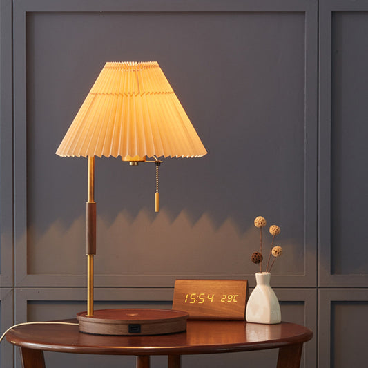 Specification: Monochrome, Size: Walnut Wireless Charging-AU, Power supply:  - Nordic Ins Log Wireless Charging Lamp Simple And Light Luxury Vintage Pleated Solid Wood Bedside Decorations