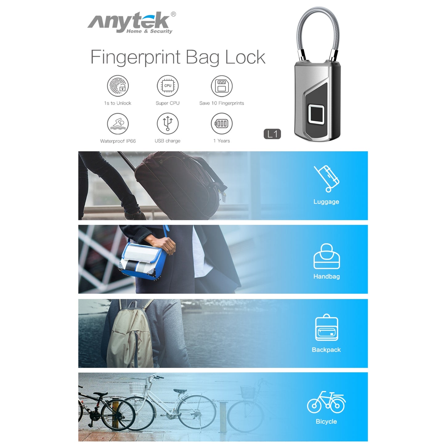 L1 Smart Biometric Fingerprint Lock Usb Rechargeable Anti-theft Security Padlock Waterproof Silver Grey