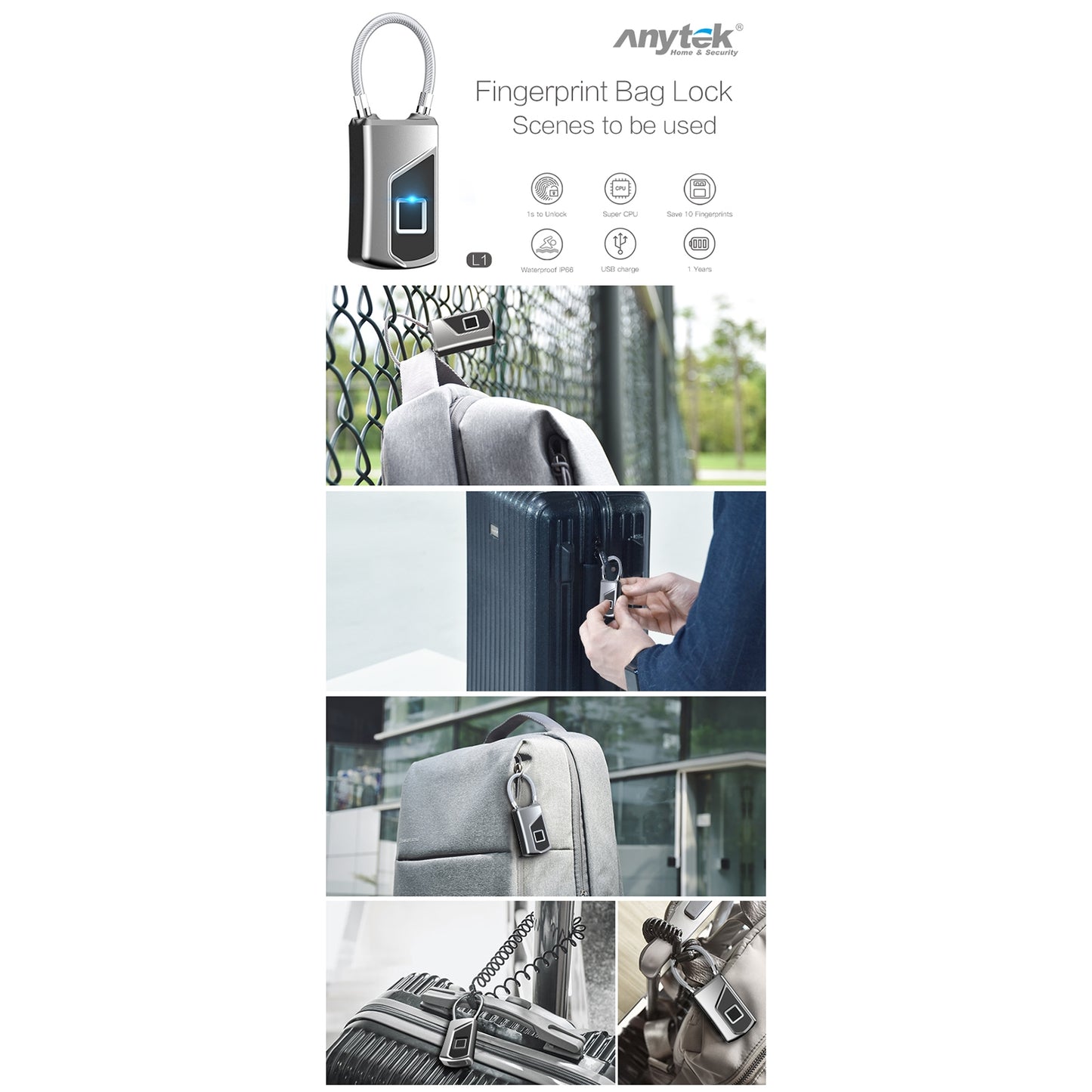 L1 Smart Biometric Fingerprint Lock Usb Rechargeable Anti-theft Security Padlock Waterproof Silver Grey