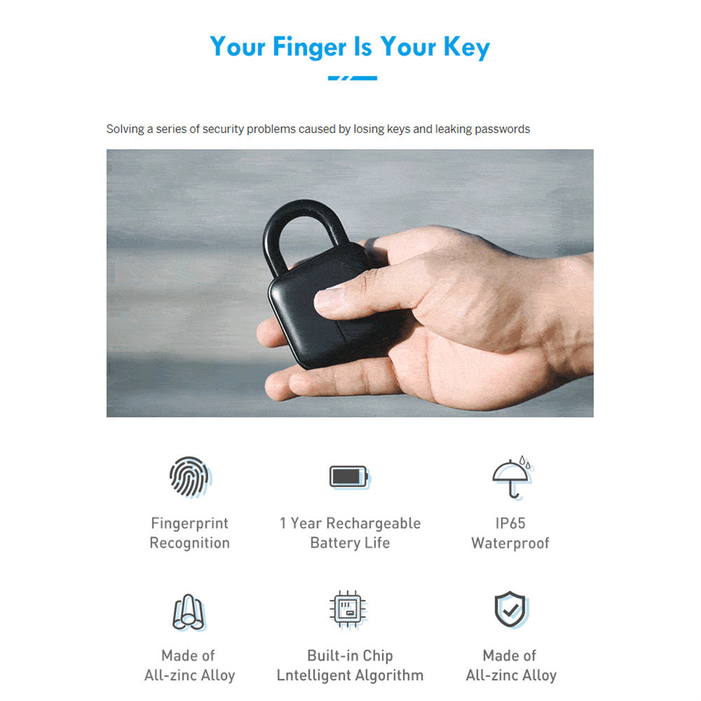 Smart Biometric Fingerprint Combination Keyless Door Lock Bluetooth 4.2 Anti-Theft Security Padlock Black