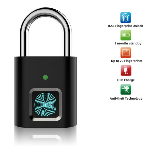 Fingerprint Padlock Biometric Metal Keyless Thumbprint Lock USB Rechargeable for Luggage Bookcase Suitcase Black