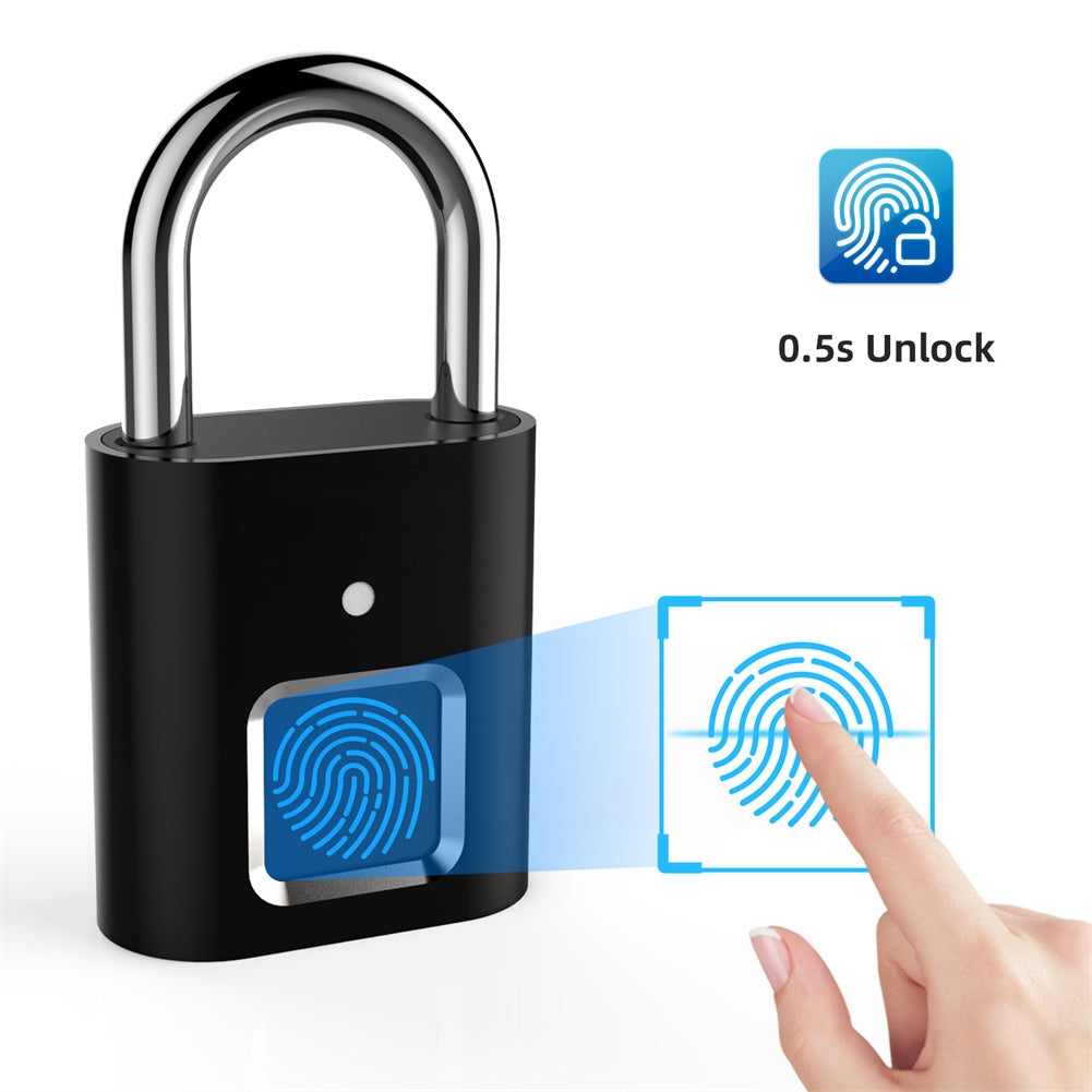 Fingerprint Padlock Biometric Metal Keyless Thumbprint Lock USB Rechargeable for Luggage Bookcase Suitcase Black