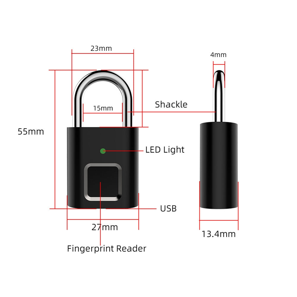 Fingerprint Padlock Biometric Metal Keyless Thumbprint Lock USB Rechargeable for Luggage Bookcase Suitcase Black