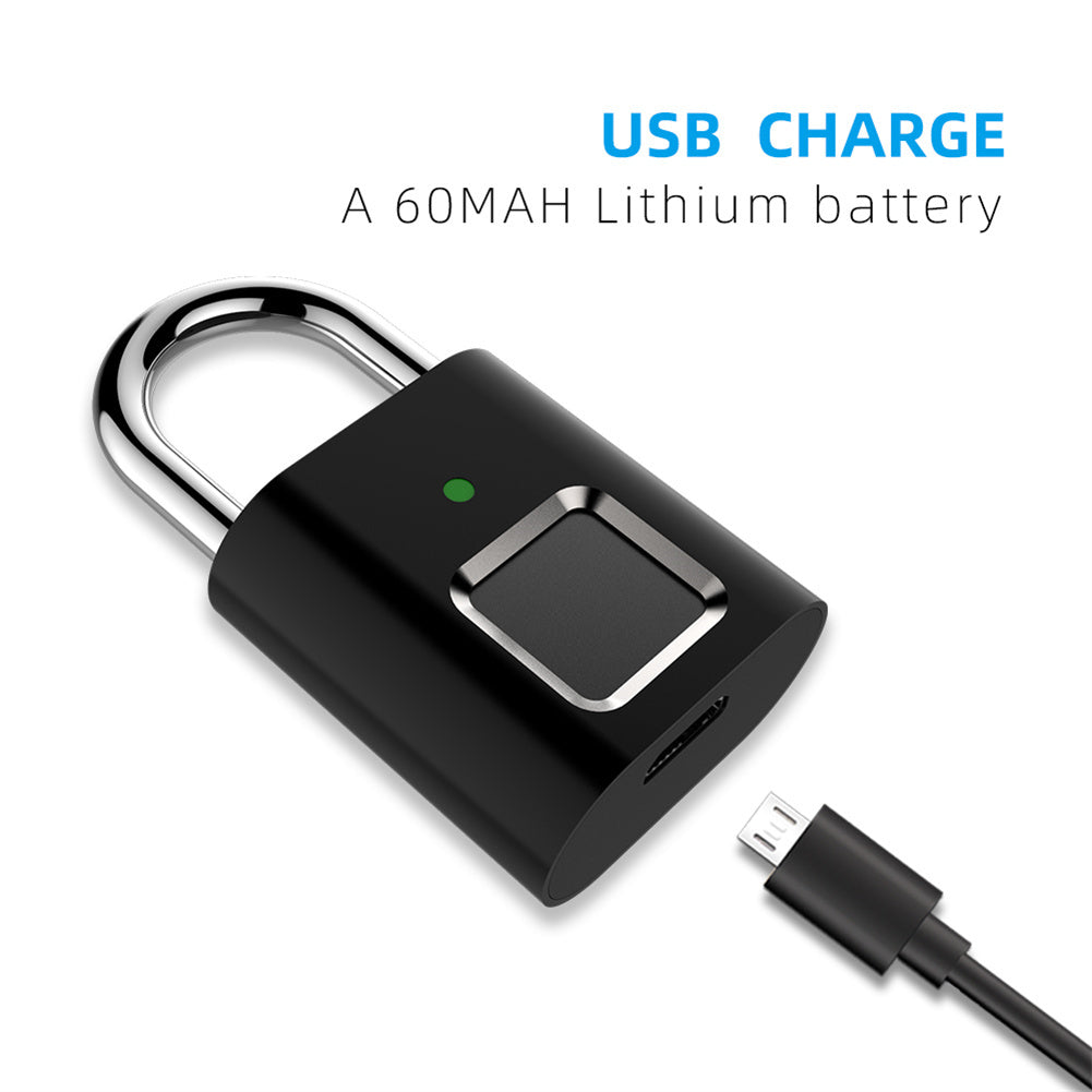 Fingerprint Padlock Biometric Metal Keyless Thumbprint Lock USB Rechargeable for Luggage Bookcase Suitcase Black