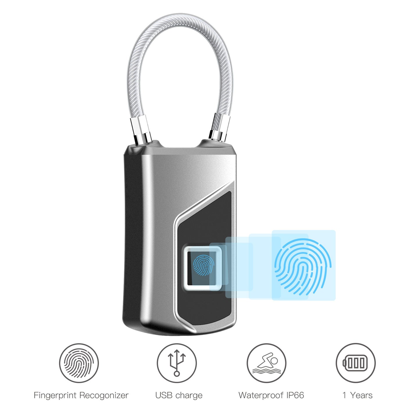 L1 Fingerprint Lock Small Keyless Biometric Smart Padlock 10 Fingerprints Storage High-Security Cable Lock For Fridge Cabinet Pantry Travel silver black