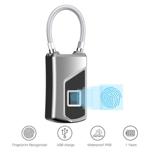 L1 Fingerprint Lock Small Keyless Biometric Smart Padlock 10 Fingerprints Storage High-Security Cable Lock For Fridge Cabinet Pantry Travel silver black