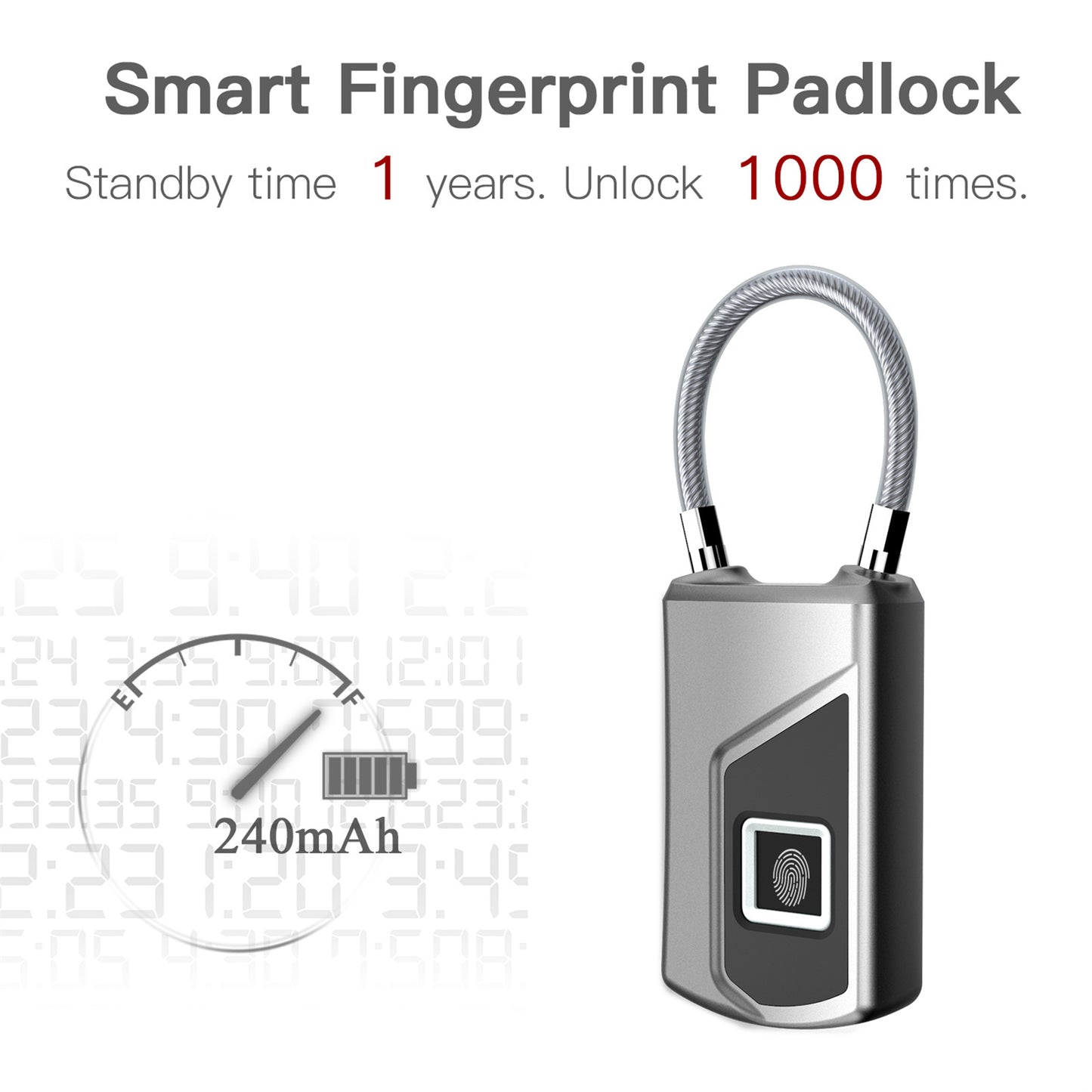 L1 Fingerprint Lock Small Keyless Biometric Smart Padlock 10 Fingerprints Storage High-Security Cable Lock For Fridge Cabinet Pantry Travel silver black