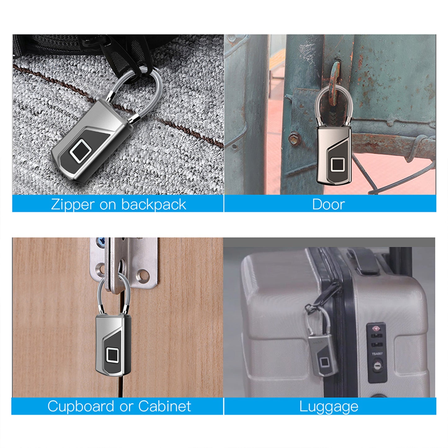 L1 Fingerprint Lock Small Keyless Biometric Smart Padlock 10 Fingerprints Storage High-Security Cable Lock For Fridge Cabinet Pantry Travel silver black