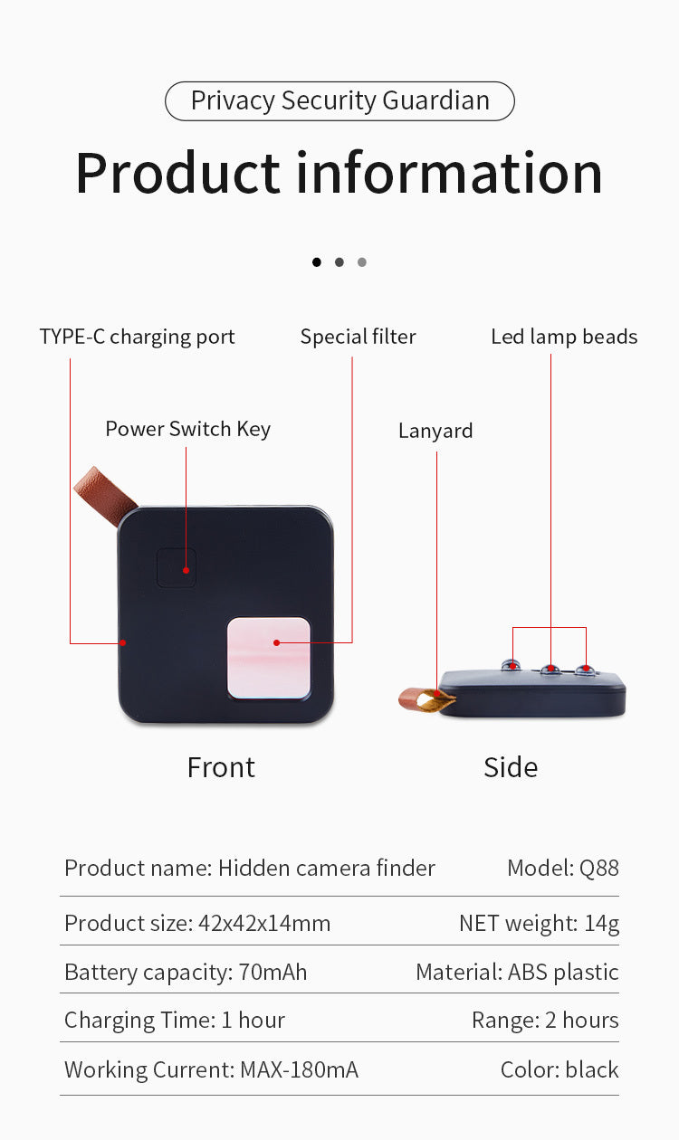 Portable Hidden Camera Detectors Infrared Scanning Light Chargeable Infrared Camera Scanner For Office Bedroom Cars Indoor black