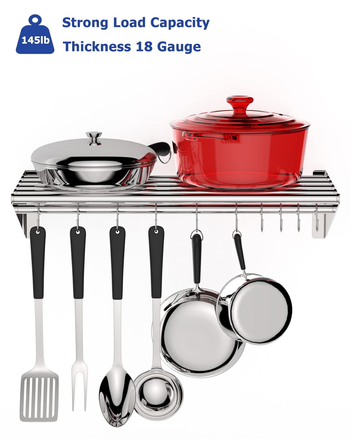 US GARVEE Stainless Steel Wall Mount Shelf with Hooks Commercial Storage Shelves