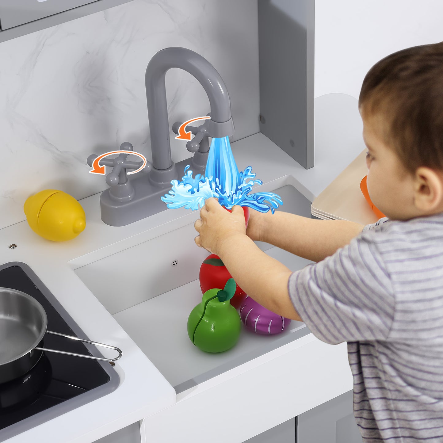 US YIWA Kids Kitchen Playset Wooden Chef Pretend Play Set Grey