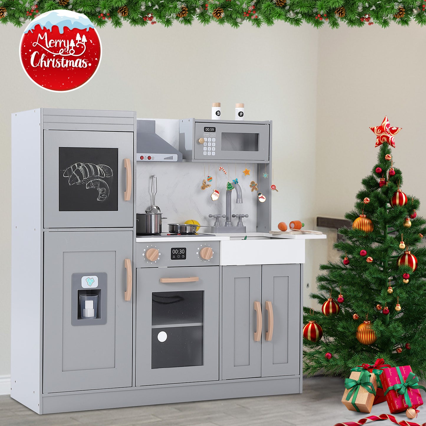 US YIWA Kids Kitchen Playset Wooden Chef Pretend Play Set Grey