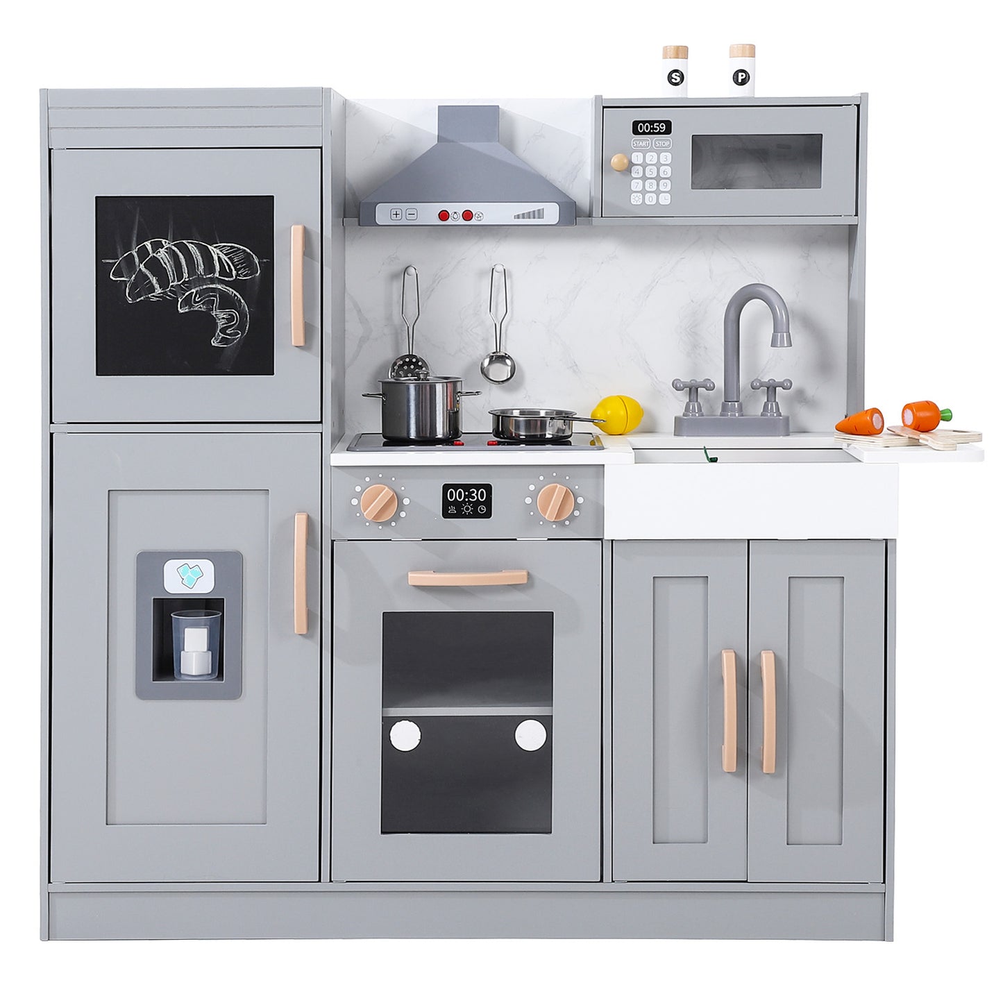 US YIWA Kids Kitchen Playset Wooden Chef Pretend Play Set Grey