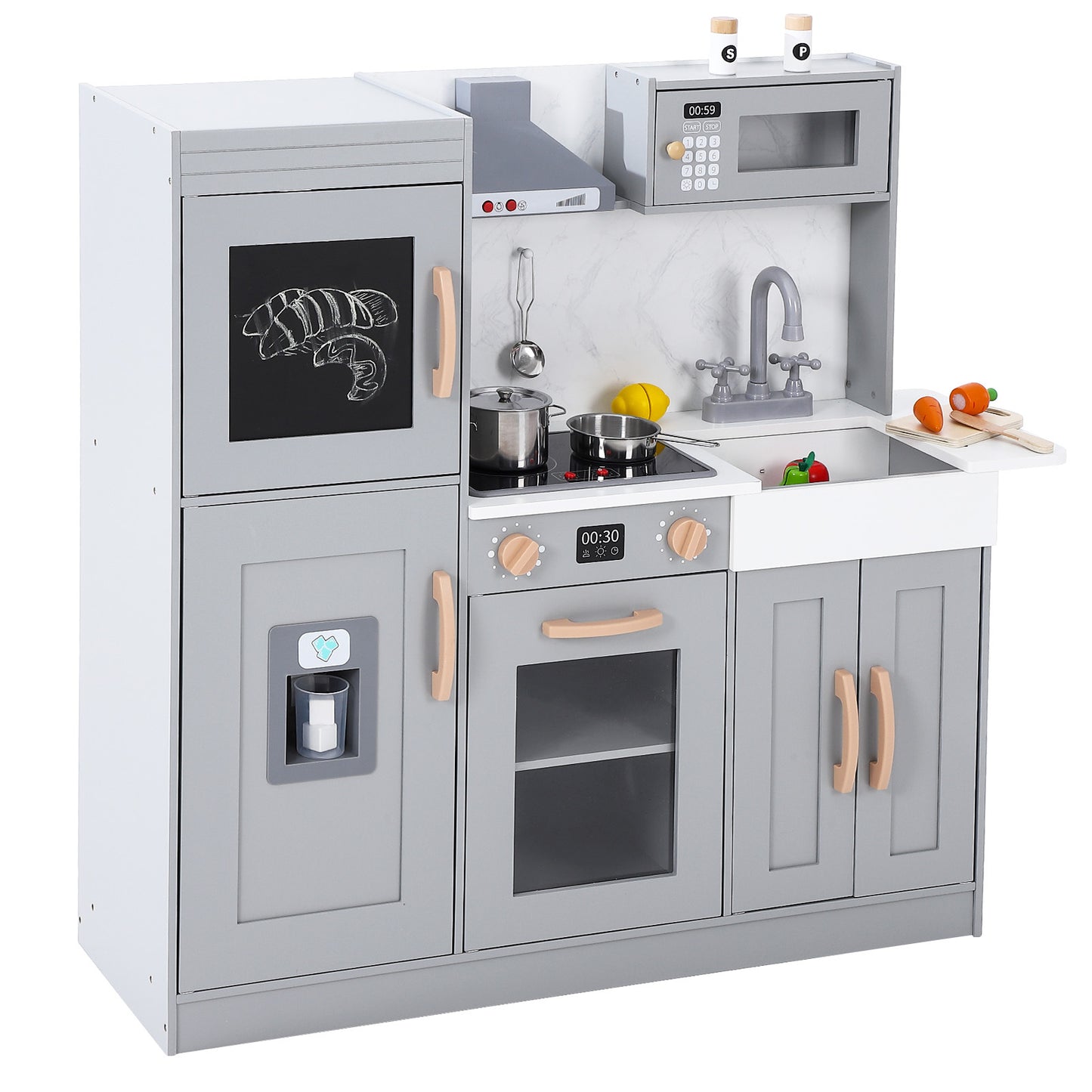 US YIWA Kids Kitchen Playset Wooden Chef Pretend Play Set Grey