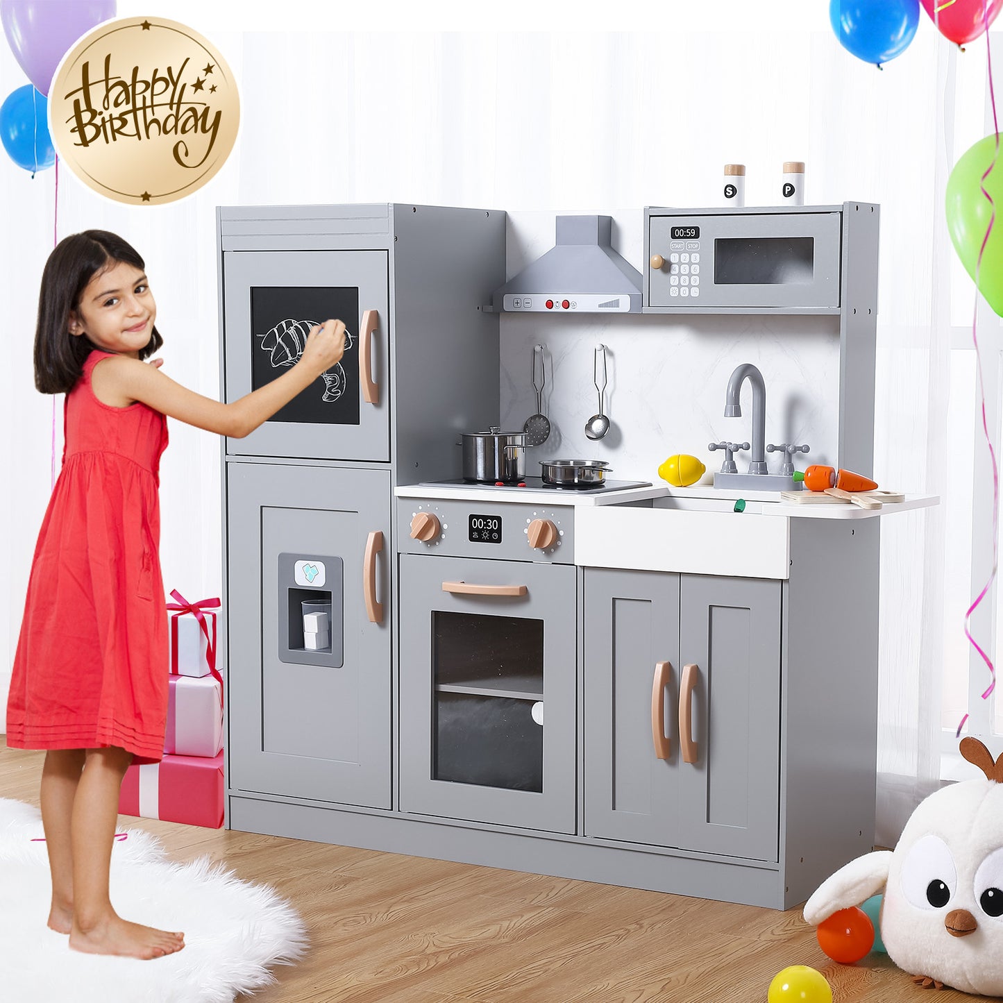 US YIWA Kids Kitchen Playset Wooden Chef Pretend Play Set Grey