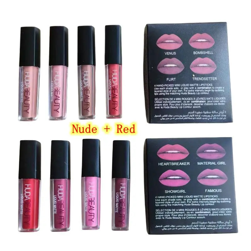 4pcs Lipstick Moisturizing Balm Set Matte Lip Gloss Lip Glaze Tint Non-stick Non-Fading Lips Huda Lip Makeup Cosmetic Lip Care