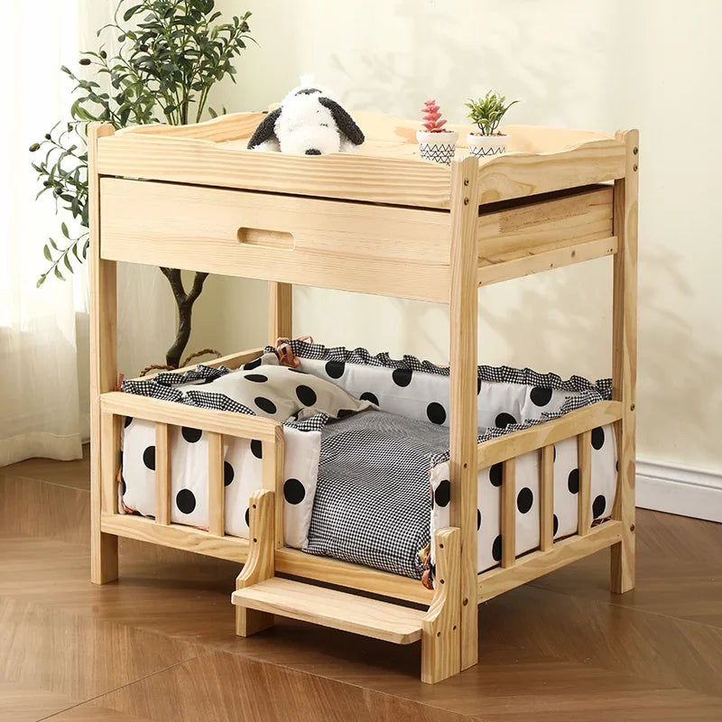 2-Layer Solid Wood Princess Bed for Pets Universal Cat and Dog Bed Breathable Pet Shelter Climbing Ladder for Cats and Dogs