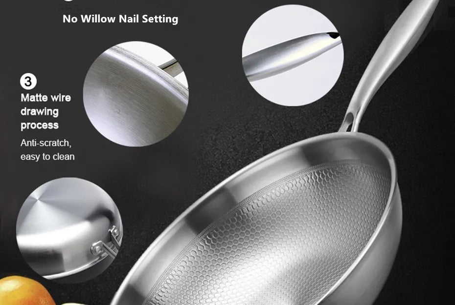 304 Stainless Steel Wok Non-Stick Frying Pan Steak Frying Pan Uncoated Kitchen Cookware Suitable For Gas Stove Induction Cooker