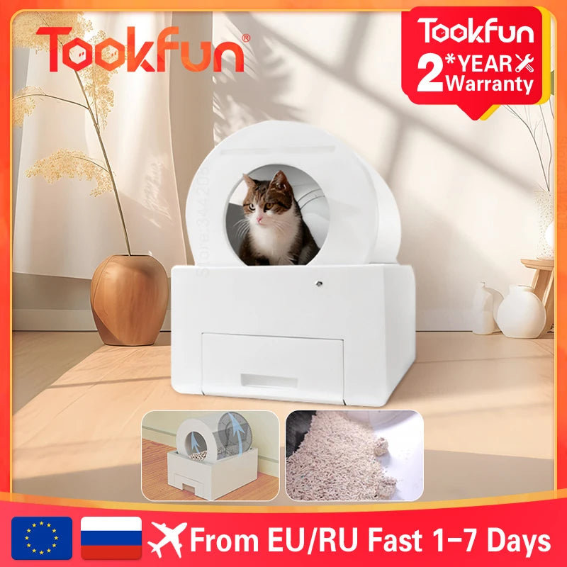 Tookfun Automatic Cat Litter Box Smart Low Noise Anti-Stick Pad Cats Toilet Self Cleaning Electric Poop Machine Pet Accessories