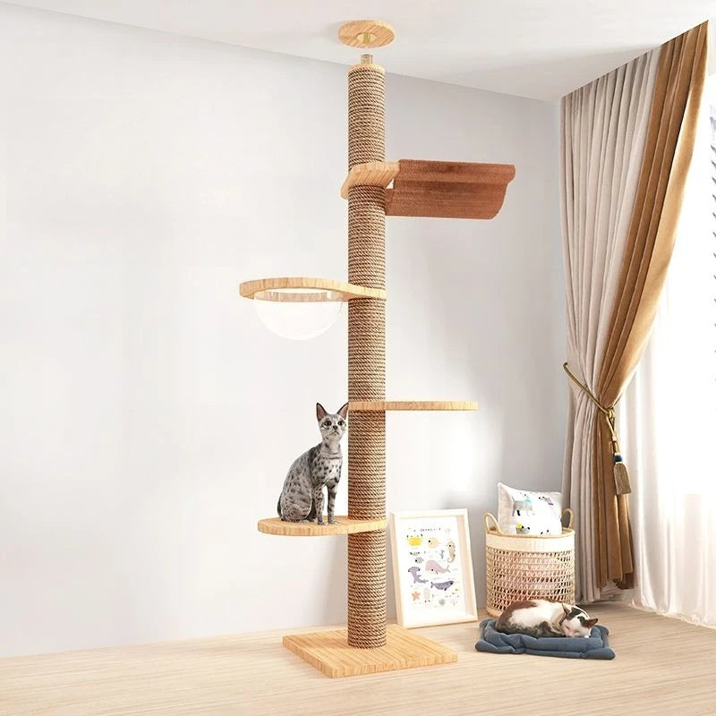 Cat Tree 5-Tier Floor to Ceiling Cat Tower Cactus Tall Climbing Tree with Scratching Post Hammock Dangling Ball for Indoor Cats
