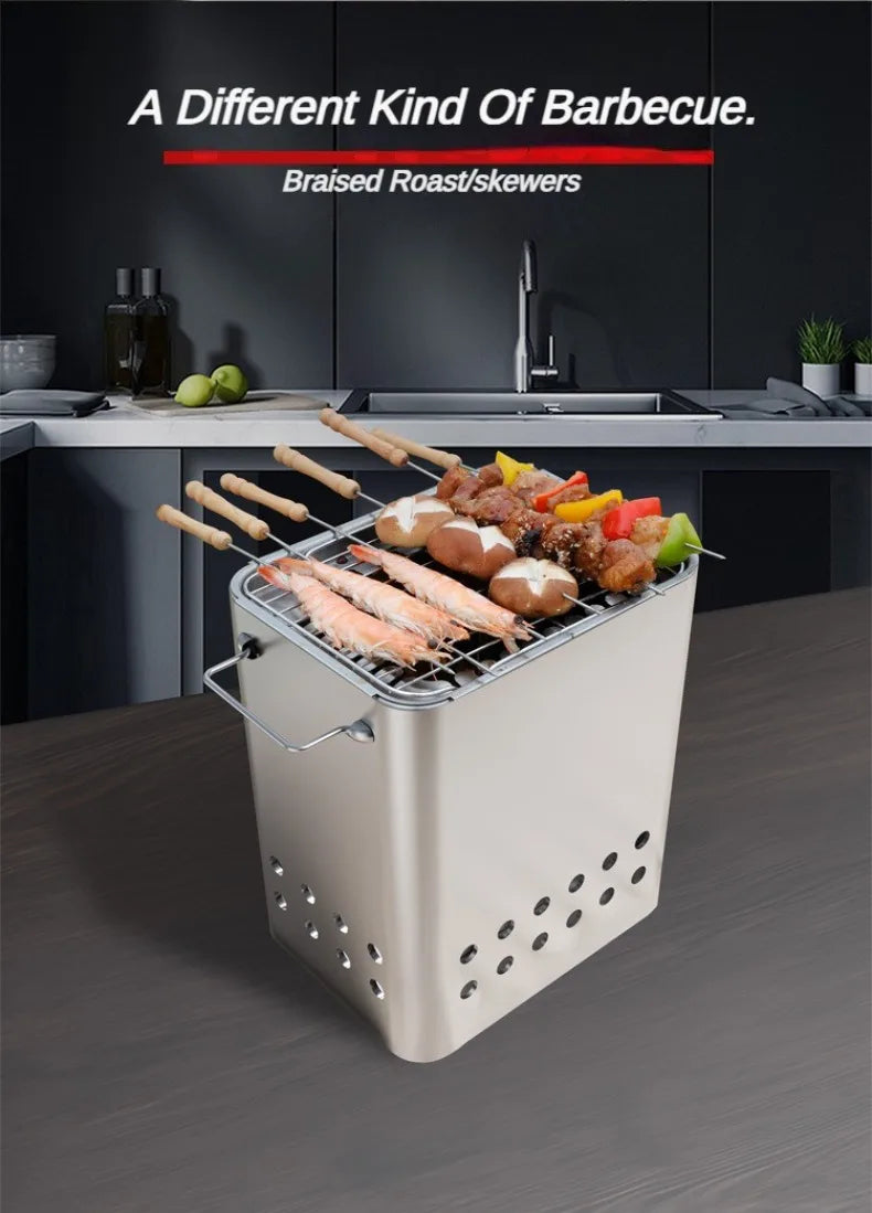 Portable Grill Smokeless Stainless Steel Barbecue Charbroiler Outdoor Indoor Dual-purpose Stewing Oven Small Durable BBQ Grill