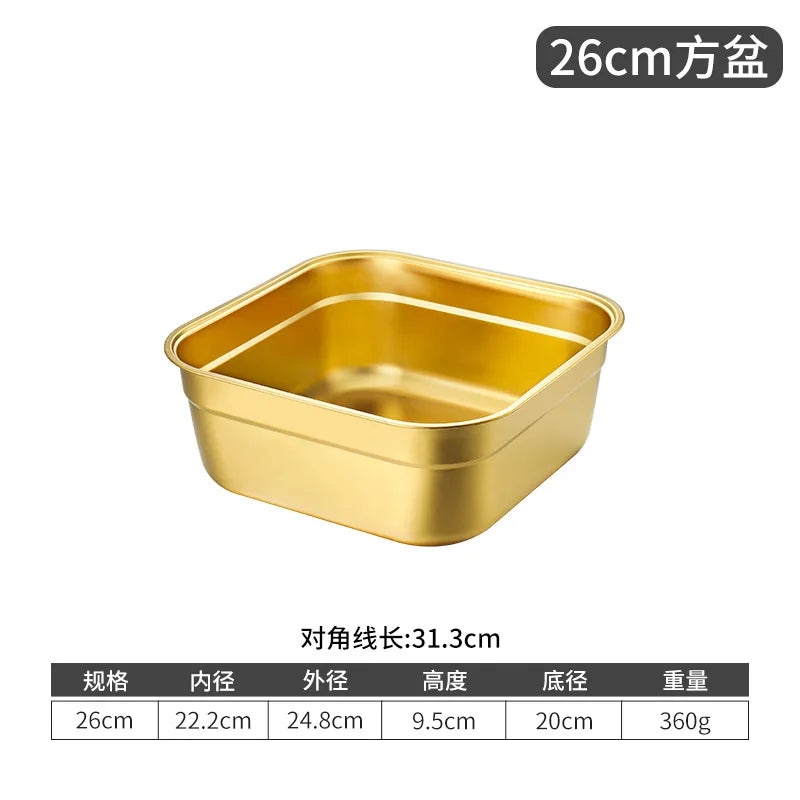 Golden Square Stainless Steel Strainer Draining Basket Egg Flour Mixing Bowl Soup Basin Filter Colander Vegetable Washing Basin
