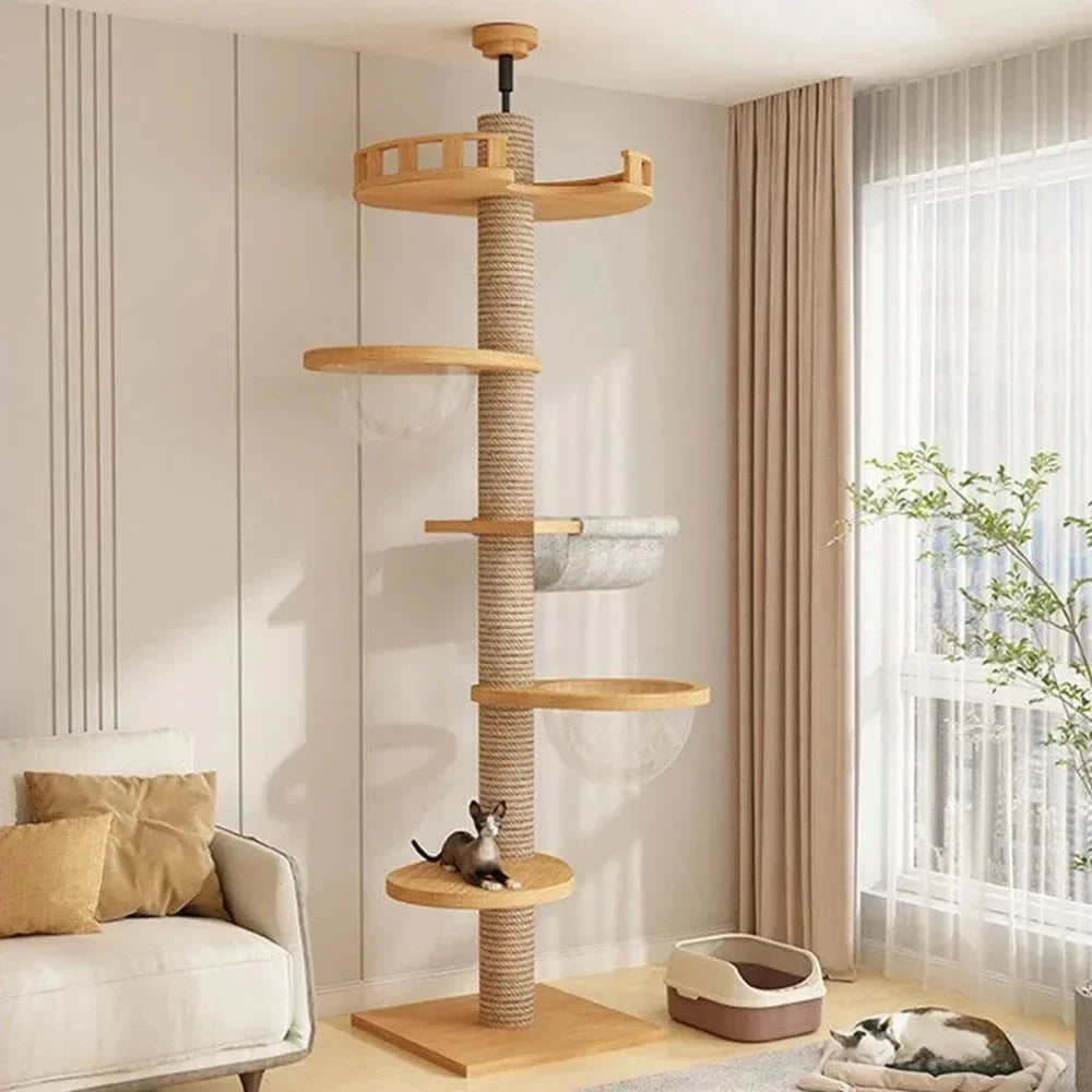 Cat Tree 5-Tier Floor to Ceiling Cat Tower Cactus Tall Climbing Tree with Scratching Post Hammock Dangling Ball for Indoor Cats