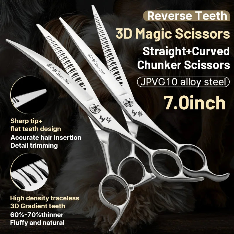 Fenice High-grade JP VG10 Steel Straight&25° Curved Reverse blade Natural Chunker Pet Trimming Scissors Shear Anti-loosing Screw