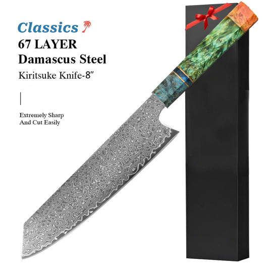 8 Inch Chef Knife 67 Layers VG10 Damascus Steel Kitchen Knives Stabilized Colored Wood Handle Professional Japanese Kiritsuke Kn